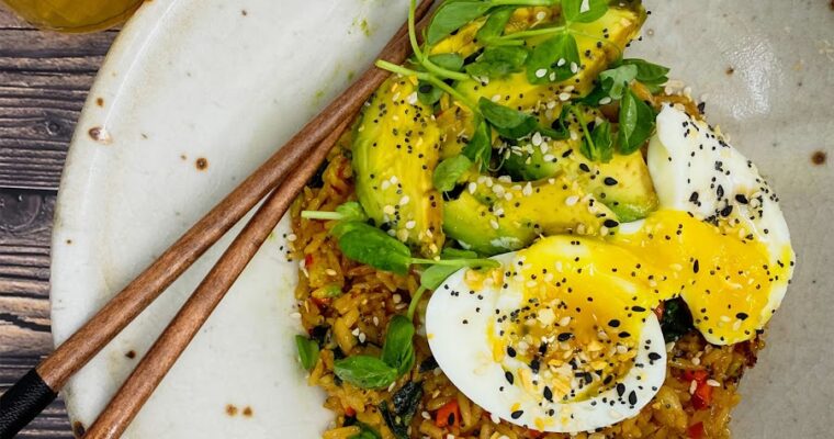 Breakfast Fried Rice with Soft Boiled Eggs and Avocado