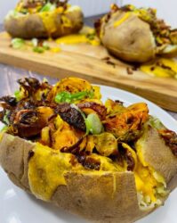 Buffalo Roasted Brussels, Fried Shallot and Vegan Cheese Stuffed Baked Potatoes