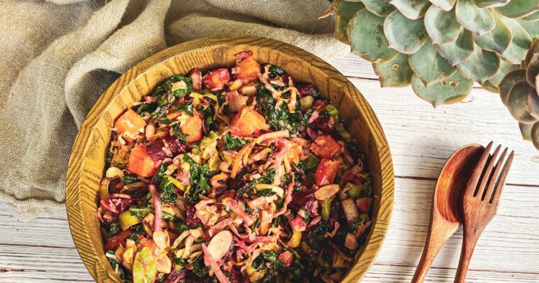 Warm Kale and Brussels Salad With Roasted Vegetables and Tahini Dressing